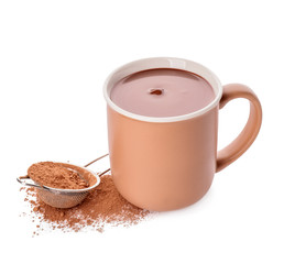 Cup of hot chocolate on white background