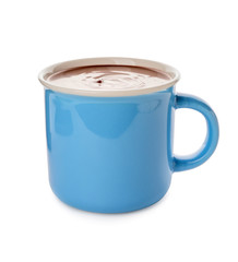 Cup of hot chocolate on white background