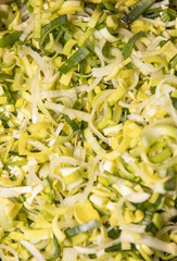 Closeup of freshly cut leek in a pot or bowl