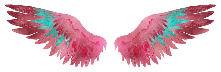 Beautiful magic pink burgundy watercolor wings with turquoise feathers © Евгения Савченко