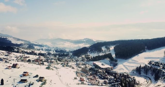 Snow-covered winter village in the Carpathian mountains.