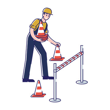 Concept Of Road Works. Man Is Setting Warning Signs For Safety Of Pedestrians And Traffic. Laborer Worker Set Signs Of Road Works And Barriers. Cartoon Linear Outline Flat Style. Vector Illustration