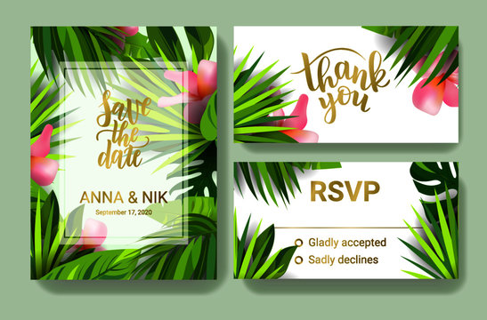 Save the date hand lettering postcard with tropical leaves. Wedding phrase. Vector illustration. Modern brush calligraphy.	