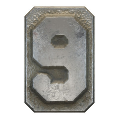 Industrial metal number 9 on white background 3d