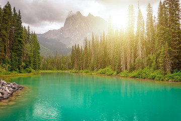 Emerald lake near Golden in Yoho National park in the canadian Rocky Mountains, British Columbia,...