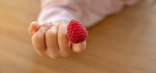 Kind hält Himbeer in der Hand
