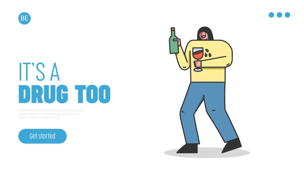 Concept Of Alcoholism, Drink Alcohol. Website Landing Page. Drunk Female Character is Drinking Wine, Holding Bottle And Glass Of Beverage. Web Page Cartoon Linear Outline Flat Vector Illustration