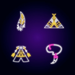 Native american indian accessories neon light icons set. Tribe chief teepee. Wigwam with arrows and ethnic ornaments. Signs with outer glowing effect. Vector isolated RGB color illustrations