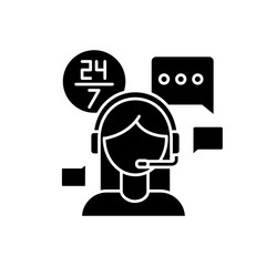 Customer service jobs black glyph icon. Call centre operator, online chat consultant. 24 hours assistance, client technical support. Silhouette symbol on white space. Vector isolated illustration