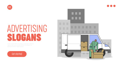 Concept Of City Advertisement. Website Landing Page. Male Character Or Courier Unpacking Promotional Item To Post It On Big Billboard. Web Page Cartoon Linear Outline Flat Style. Vector Illustration