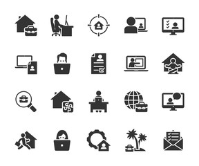 Vector set of remote work  flat icons. Contains icons working from home, interview online, freelance, search job, resume online, tasks online and more. Pixel perfect.