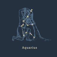 Zodiac constellation of Aquarius in engraving style. Vector retro graphic illustration of astrological sign Water Bearer © vladayoung
