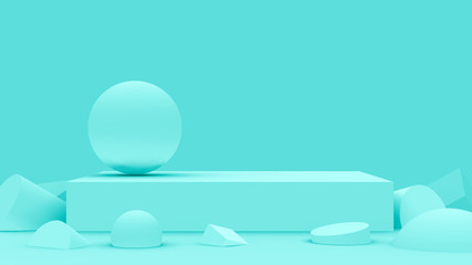 3d blue green bright scene minimal studio background. Abstract 3d geometric shape object illustration render. Display for fashion holiday and summer product.