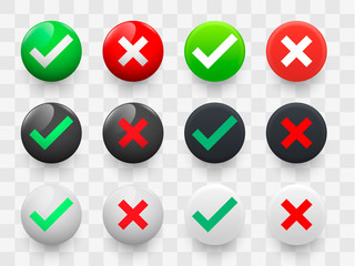 Tick and cross signs 3d green and red colors glossy and matte style on a transparent background. Vector illustration EPS10