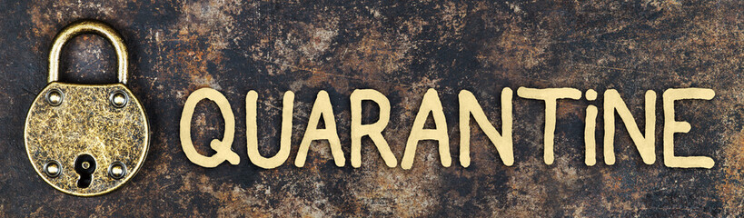 Quarantine viral, coronavirus, covid-19 concept, locked padlock on rusty metal background. Web banner. Biohazard, sick, bacteria, breathe.