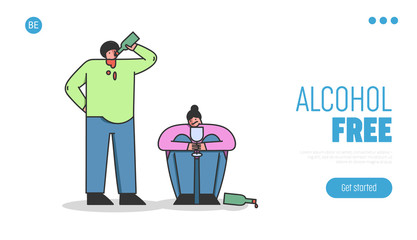 Concept Of Alcoholism, Drink Alcohol. Website Landing Page. Male And Female Characters Are Drinking Wine, Man Drink Straight From The Bottle. Web Page Cartoon Linear Outline Flat Vector Illustration