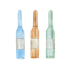 Three glass ampoules or vials or amp isolated on white background. Watercolor hand drawing illustration for medical posts, icon, prints, pattern, banner.
