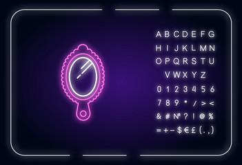 Small hand mirror neon light icon. Portable vintage personal vanity. Feminine beauty. Outer glowing effect. Sign with alphabet, numbers and symbols. Vector isolated RGB color illustration