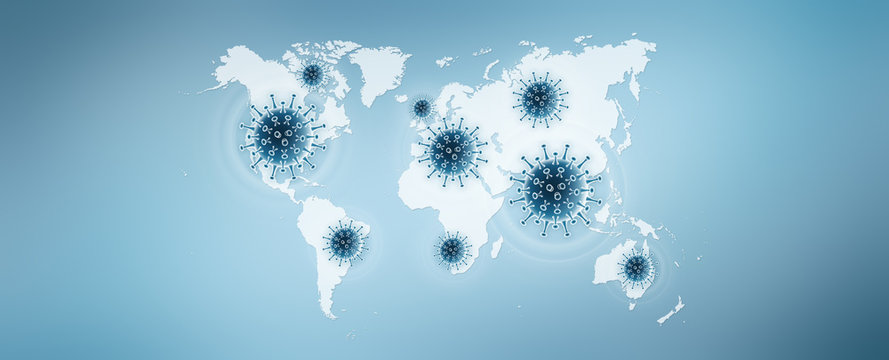 corona virus covid 19 protection concept, covid symbols icons on the world map in the blue background, copy space and web banner template