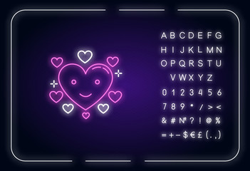 Heart neon light icon. Romantic emoticon. Flirting mood. Sign of affection. Valentine sign. Outer glowing effect. Sign with alphabet, numbers and symbols. Vector isolated RGB color illustration