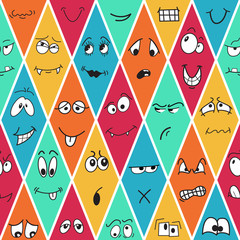 Rhombus colorful kids pattern with cute cartoon, hand drawn characters faces. Stock vector illustration for print on textile, decorative paper, gift wrap, book cover