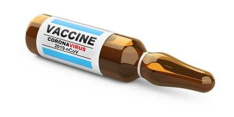 Glass flask with vaccine antiviral against coronavirus COVID-19. Tool against the pandemic.