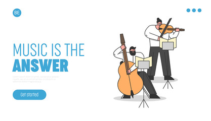 Symphony Orchestra, Classical Music Concept. Website Landing Page. Musicians Play Contrabass And Violin. Artists Play Composition In Theatre. Web Page Cartoon Linear Outline Flat Vector Illustration