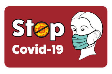 Text Stop Covid-19 auf rotem Banner mit Gesicht und Maske.