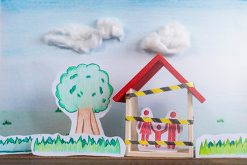Hand drawn of trees, grass and a family inside a house. Concept of Lockdown in a global crisis pandemic