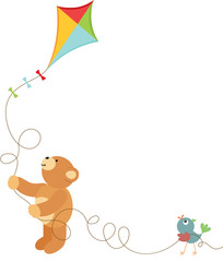 Teddy bear and bird holding a colorful kite