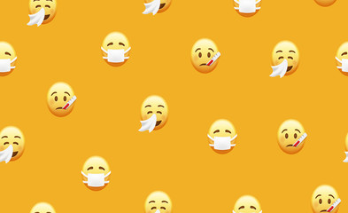 Sick. Seamless emoji pattern. Ill, flu, cold symptomps. Vector