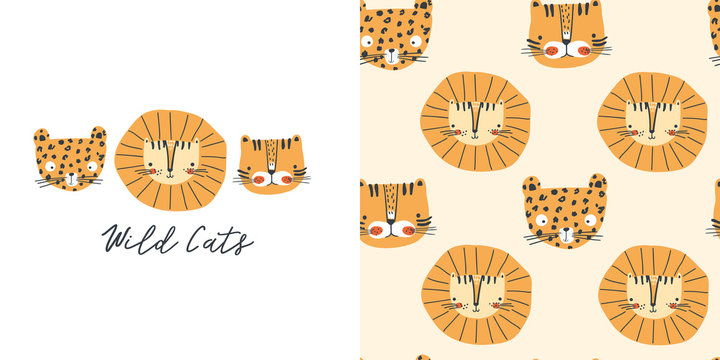 Wild Cats. T-shirt Design And Seamless Pattern For Kids