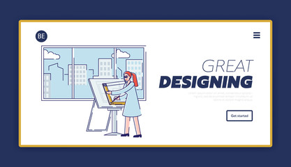 Website Landing Page. Woman Creative Architect Is Drawing New Architectural Project Using Professional Drawing Desk And Scale Ruler. Web Page Cartoon Linear Outline Flat Style. Vector Illustration