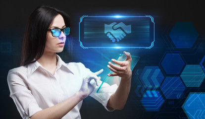 Business, Technology, Internet and network concept. Young businessman working on a virtual screen of the future and sees the inscription: