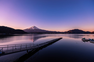 Sunrise View to the Fuji Mount in the Clear Pink and Violet Sky, Japan