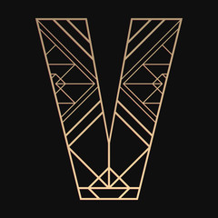 Laser cutting letter V. Art deco vector design. Plywood lasercut gift. Pattern for printing, engraving, paper cut. Luxury royal design.