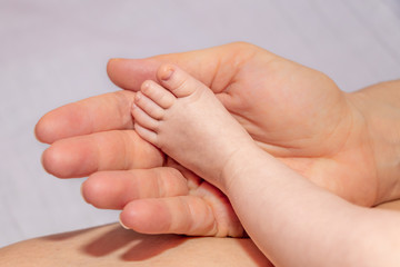 Baby feet in mommy's hand. The baby girl is 2 months old.