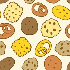 Vector seamless repeat pattern with crackers, cookies, biscuits and pretzels of different shapes in natural food yellow and brown colors tossed on a cream ivory off-white background