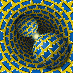 Two balls are moving in hole. 3d objects of crown shapes pattern. Optical illusion abstraction in a surreal style.