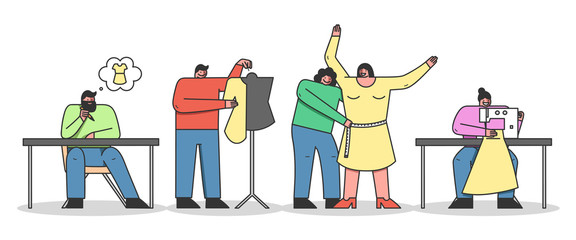 Concept Of Clothes Design. Characters Work In Handmade Fashion Atelier. Designers Make A Design Of Clothes, Measure Sizes, Sew Order On Sewing Machine. Cartoon Linear Outline Flat Vector Illustration