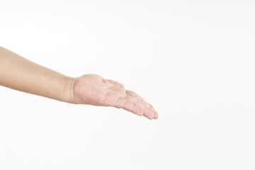 Kid hand with giving or sharing gesture on white background