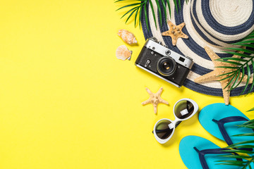 Summer travel concept flat lay image.