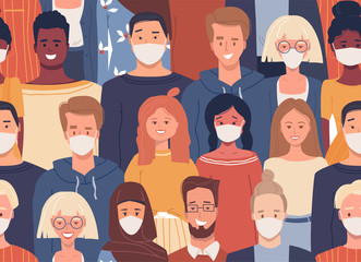 Vector seamless pattern in flat style with multiethnic group of people. People of different nationalities wearing white face medical masks against smog, air pollution in the city. Endless texture