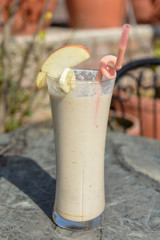 Popular dairy drink Lassi made of yogurt with fruits on a restaurant at Bhaktapur, Nepal