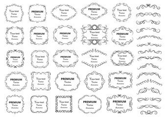 Calligraphic design elements . Decorative swirls or scrolls, vintage frames , flourishes, labels and dividers. Retro vector illustration.