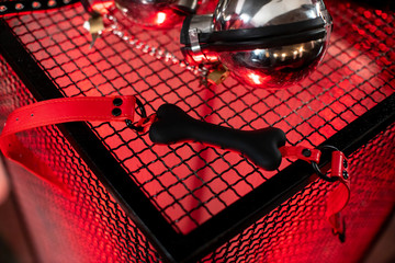 Sexual kink and erotic games concept. Complete sex toy kit set - cuffs, collar and leash for BDSM fantasy play and bondage restraints.