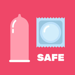 Latex condom with package. Safe sex. Condom icons. Vector