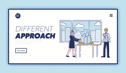 Website Landing Page. Woman Creative Architect Is Representing Wishful Visual Project Of Residential Area To Professional Contractor. Web Page Cartoon Linear Outline Flat Style. Vector Illustration
