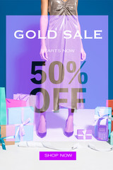 cropped view of african american woman in silver dress near payment terminal with check, shopping bags and gifts on blue background, gold sale 50 percent off illustration