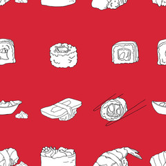 vector seamless pattern of sushi,rolls on a red background